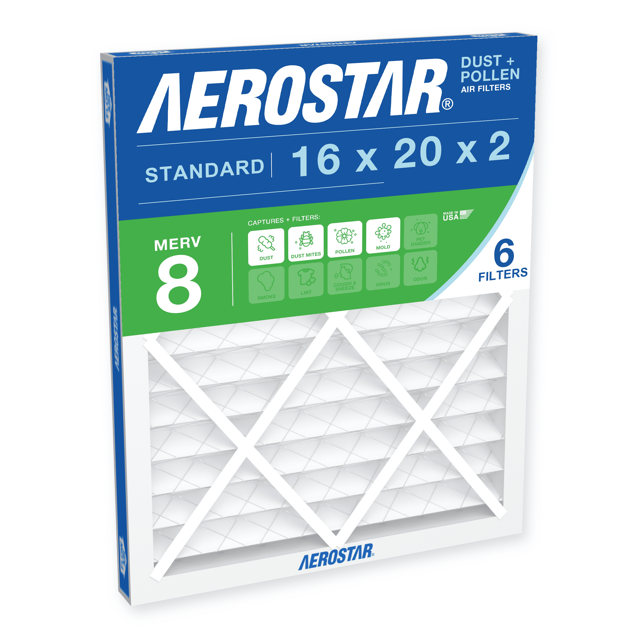 Aerostar, Air Filter, 21x21x1, MERV 8 Pleated HVAC Filter, 6 Pack