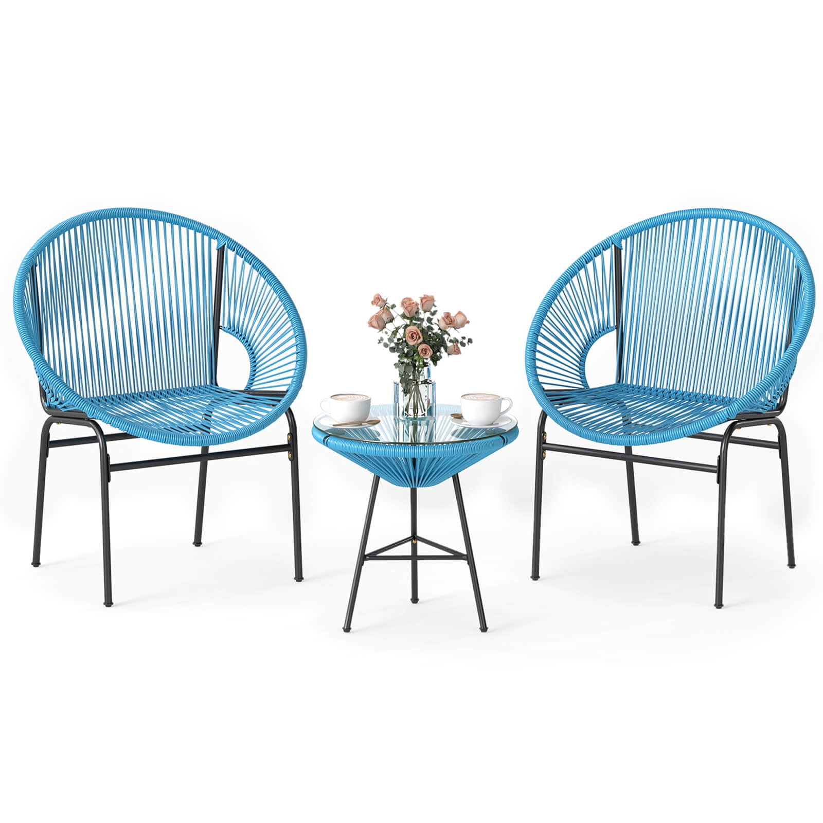 Costway 3PCS Patio Acapulco Furniture Bistro Set Plastic Rope Glass Table Turquoise