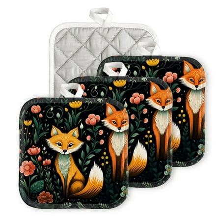 

BaHomeck Pot Holders 4pcs dacron Made Square heat-resisting mat Machine Washable for Kitchen Oven Hot Pads 6.7inch*6.7inch Three Foxes Sitting On Flowers