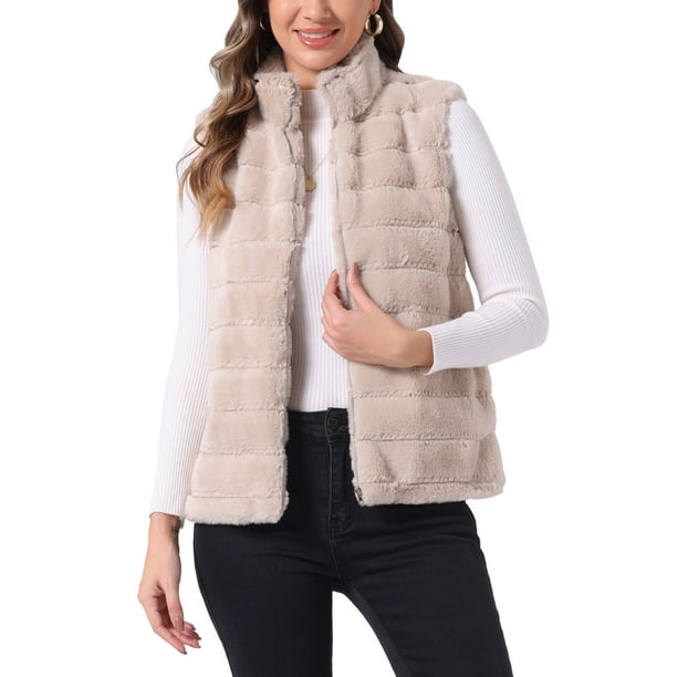 INSPIRE CHIC Chaleco de piel sintética elegante sin mangas con cremallera para mujeres, ideal para uso casual, color beige