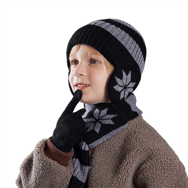 Children's Winter Warm Wool Lined Hat Scarf Gloves Set Soft Cozy Knitted Accessories for Cold Weather
