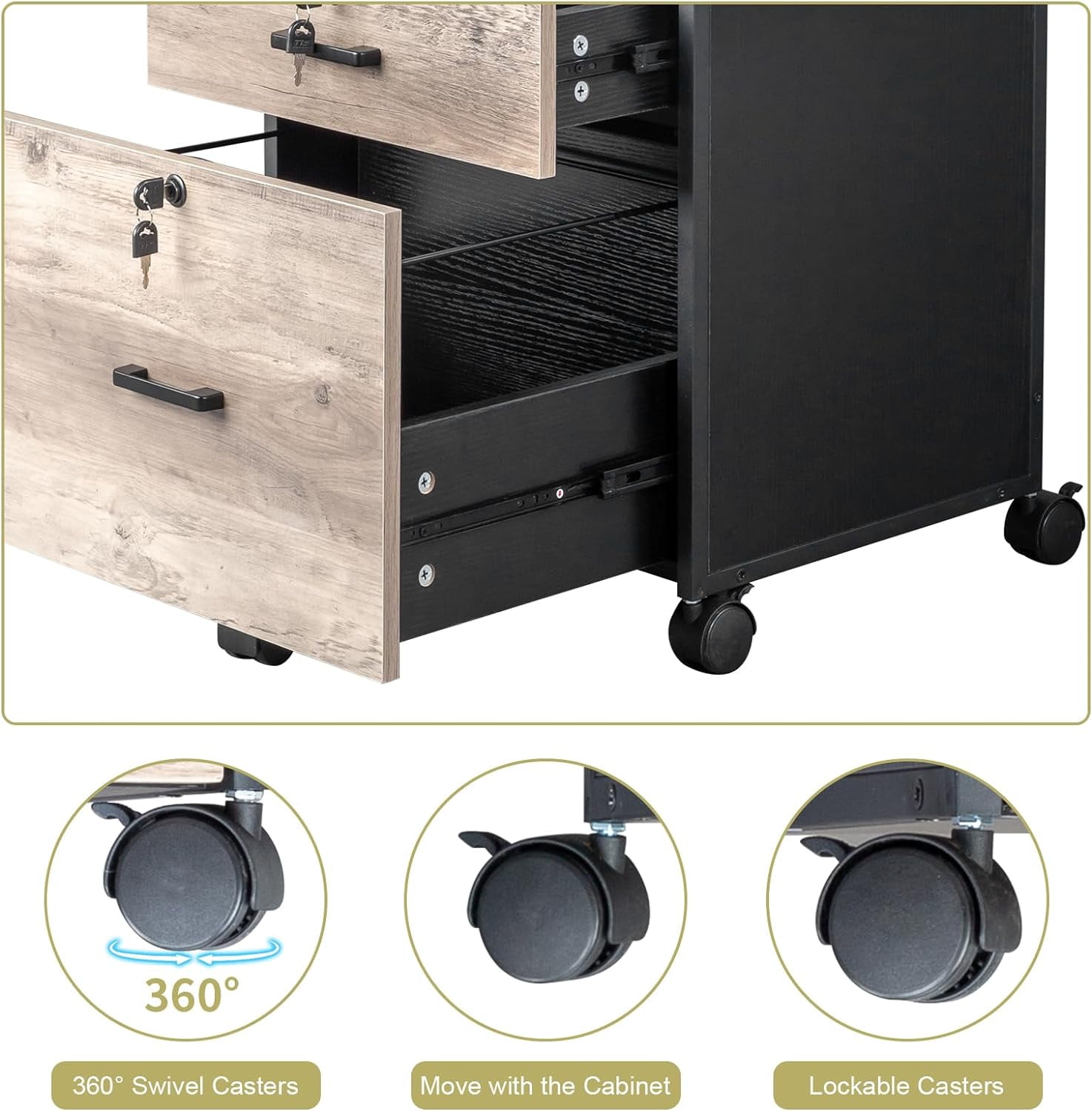 Wooden File Cabinet with 2 Drawers 1 Shelf Bookcase, Filing Cabinet for Legal Letter Storage with Printer Stand for Home Office Lateral File Cabinets Compact Design Wood Black