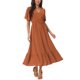 thumbnail image 1 of Vestido Boho de Mujer Inspire Chic con Volantes, Manga Corta, Cuello en V, Puntos Suizos, Cintura con Lazo, Midi, Talla M, Caramelo, 1 of 6
