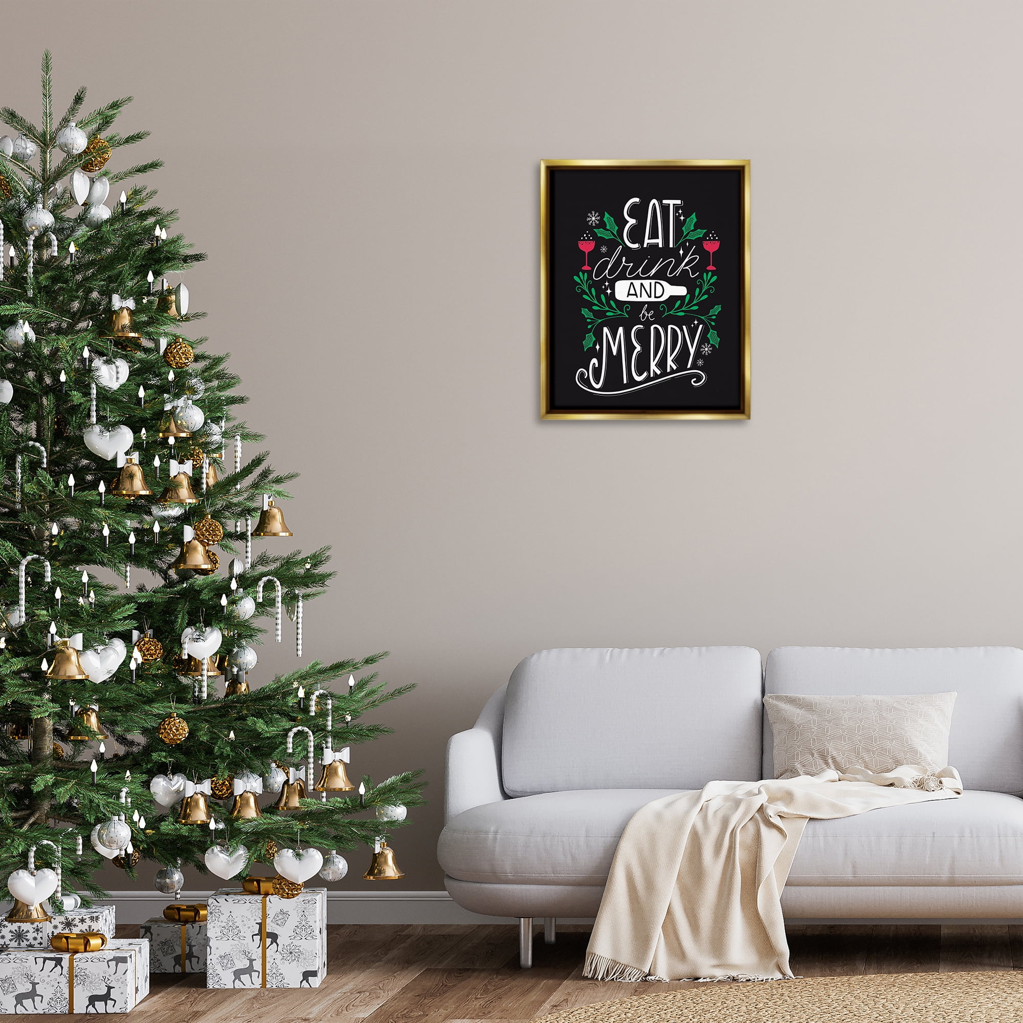 Stupell Industries Eat Drink and Merry Xmas Holiday Painting Gold Floater Framed Canvas Art Prints Wall Art, 25 x 31