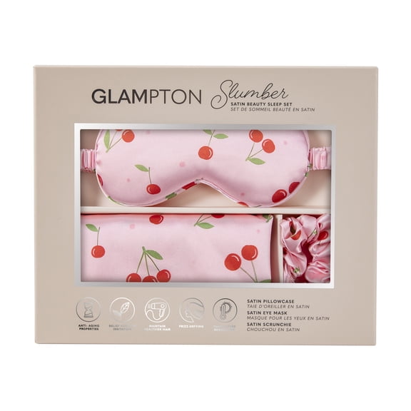 Glampton Slumber Satin Beauty Sleep Set, Cherry, 3-Piece Set with Pillowcase, Eye Mask, and Scrunchie