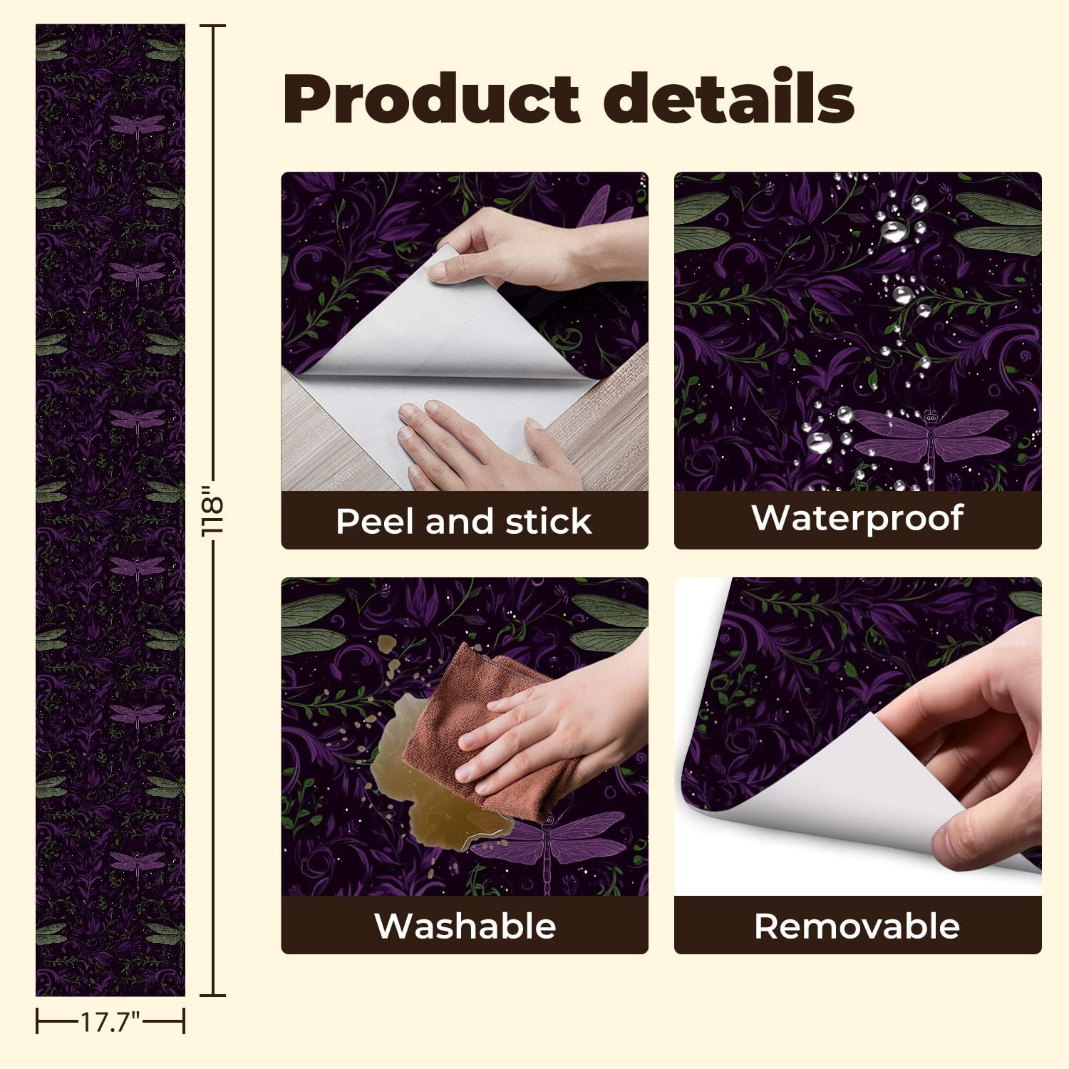 Peel and Stick Wallpaper Whimsical Dragonfly Floral Purple Green Tones Wall Mural 17.7in x 9.8ft Self Adhesive Removable Wall Paper Renter Friendly Wallpaper for Nursery Bedroom Cabinets