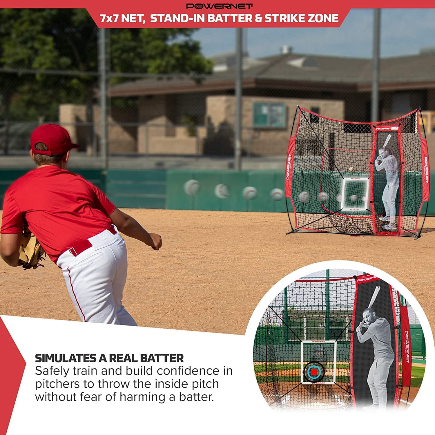PowerNet 7x7' Softball Baseball Net with Stand-In Batter & Strike Zone, Pitching Aid Attachments, Improve Pitching Accuracy, Baseball Equipment for Pitching (7x7 Net w/ Stand-In Batter & Strike Zone)