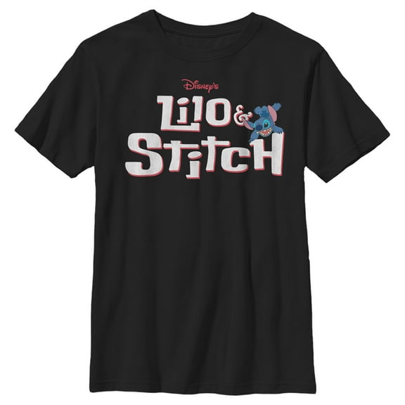 Boy's Lilo & Stitch Red and White Logo  Graphic Tee Black Medium
