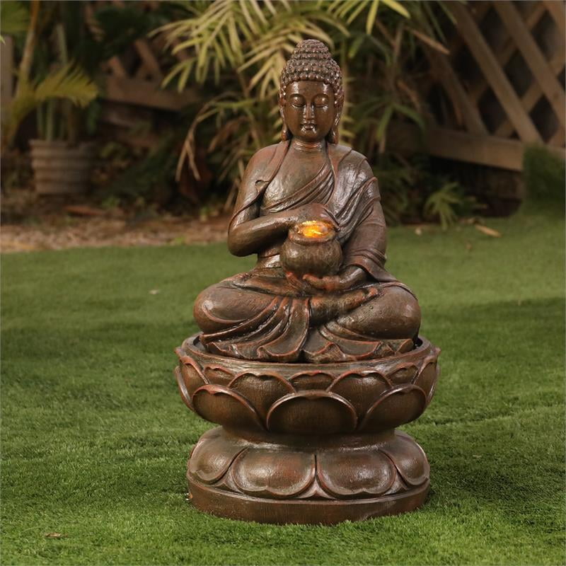 Luxen Home Polyresin Meditating Buddha Patio Fountain with LED Lights 