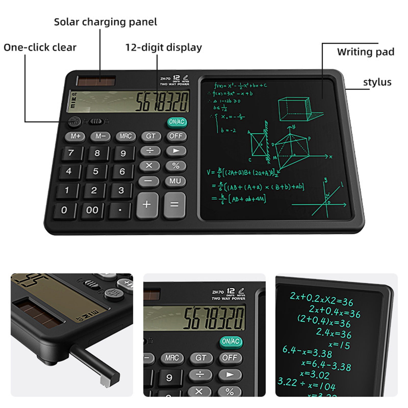 Byujiro Solar-Powered 12-Digit Calculator with LCD Writing Tablet, Dual-Power Desktop Calculator with Large Display, Silent Battery & Solar Calculator for Office, Students, Finance & Daily Use