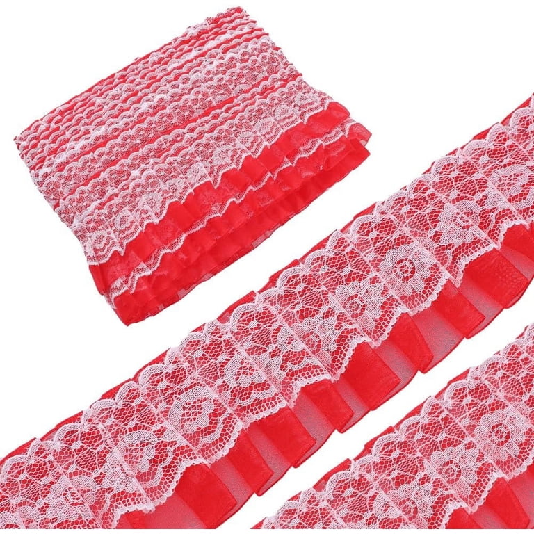 WHITE PLEATED CHIFFON LACE RIBBON - 1 YARD, 4 INCH WIDE, 3 LAYERS WITH FRINGE FOR WEDDING DECOR & SEWING