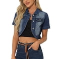 thumbnail image 1 of CHAQUETA DE JEAN CORTA DE DENIM LAVADO CON CUELLO CAÍDO Y MANGAS CORTAS PARA MUJER INSPIRADA EN CHIC AZUL M, 1 of 6