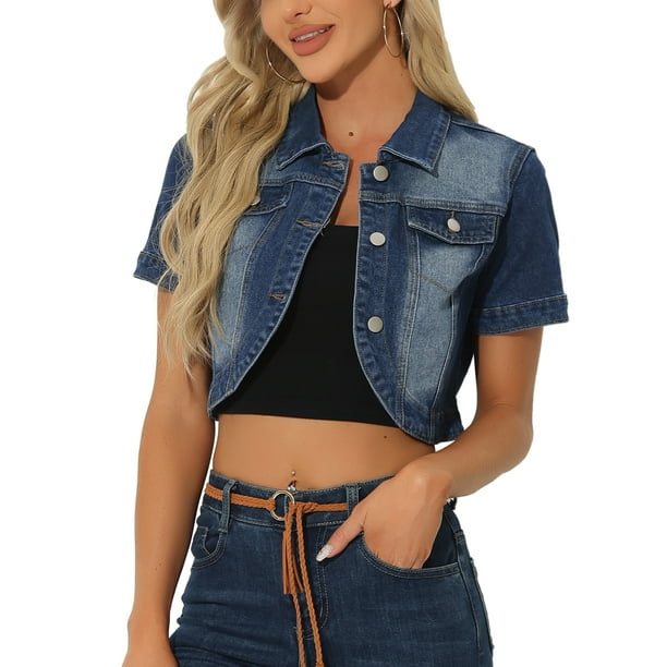 Chaqueta de mezclilla recortada de mujer con cuello de solapa y manga corta, azul, talla S