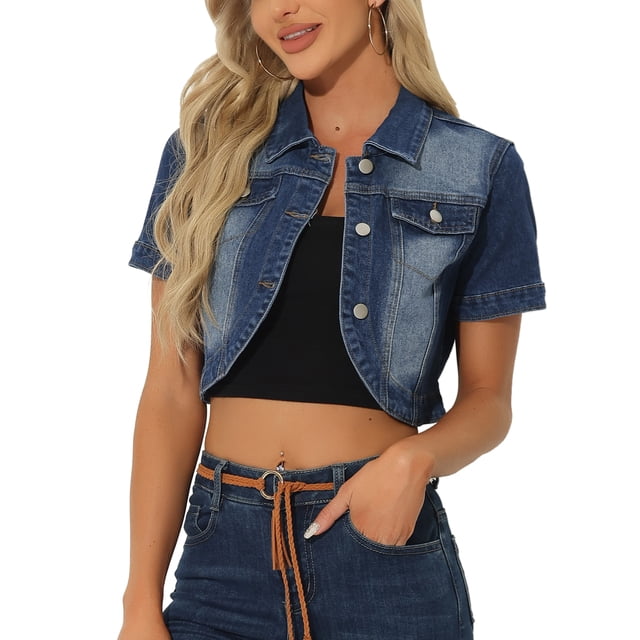 CHAQUETA DE JEAN CORTA DE DENIM LAVADO CON CUELLO CAÍDO Y MANGAS CORTAS PARA MUJER INSPIRADA EN CHIC AZUL M