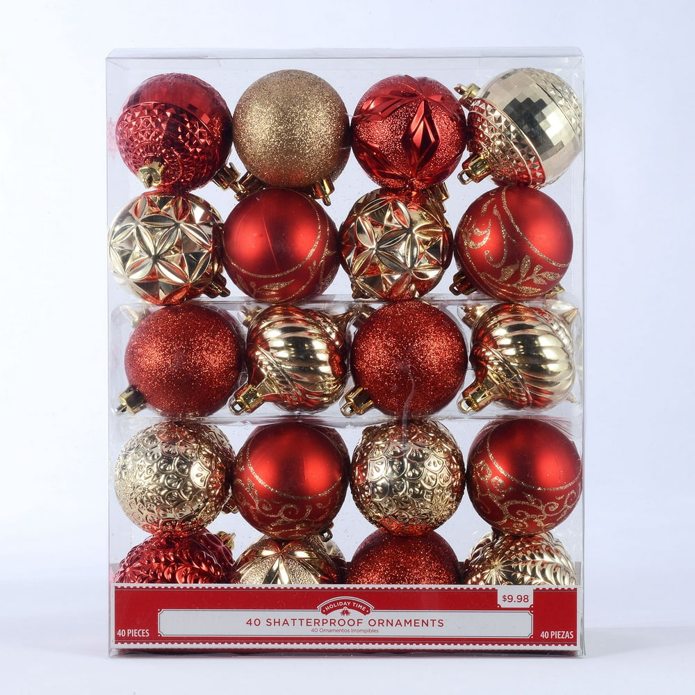 Holiday Time 40 Count Shatterproof Ornaments- Red & Gold - Walmart.com ...