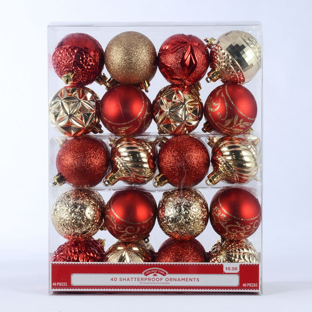 Holiday Time 40 Count Shatterproof Ornaments Red & Gold