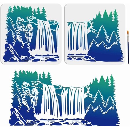 2pcs Waterfall Scenery Stencil Splicing Patterns 22×11inch Large Forest Mountain Landscape Stencil with Paint Brush Natural Scenery 11.8×11.8inch Drawing Template for DIY