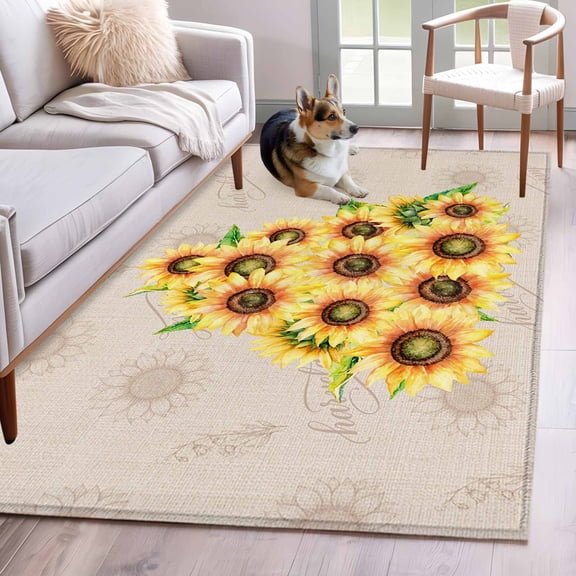 Yellow Sunflowers Area Rugs 2.7'x5', Small Throw Rugs for Kitchen Bedroom, Summer Botanical Farmhouse Watercolor Floral Indoor Outdoor Rug Non-Slip Low Pile Carpet Runner Reversible Floor Mats