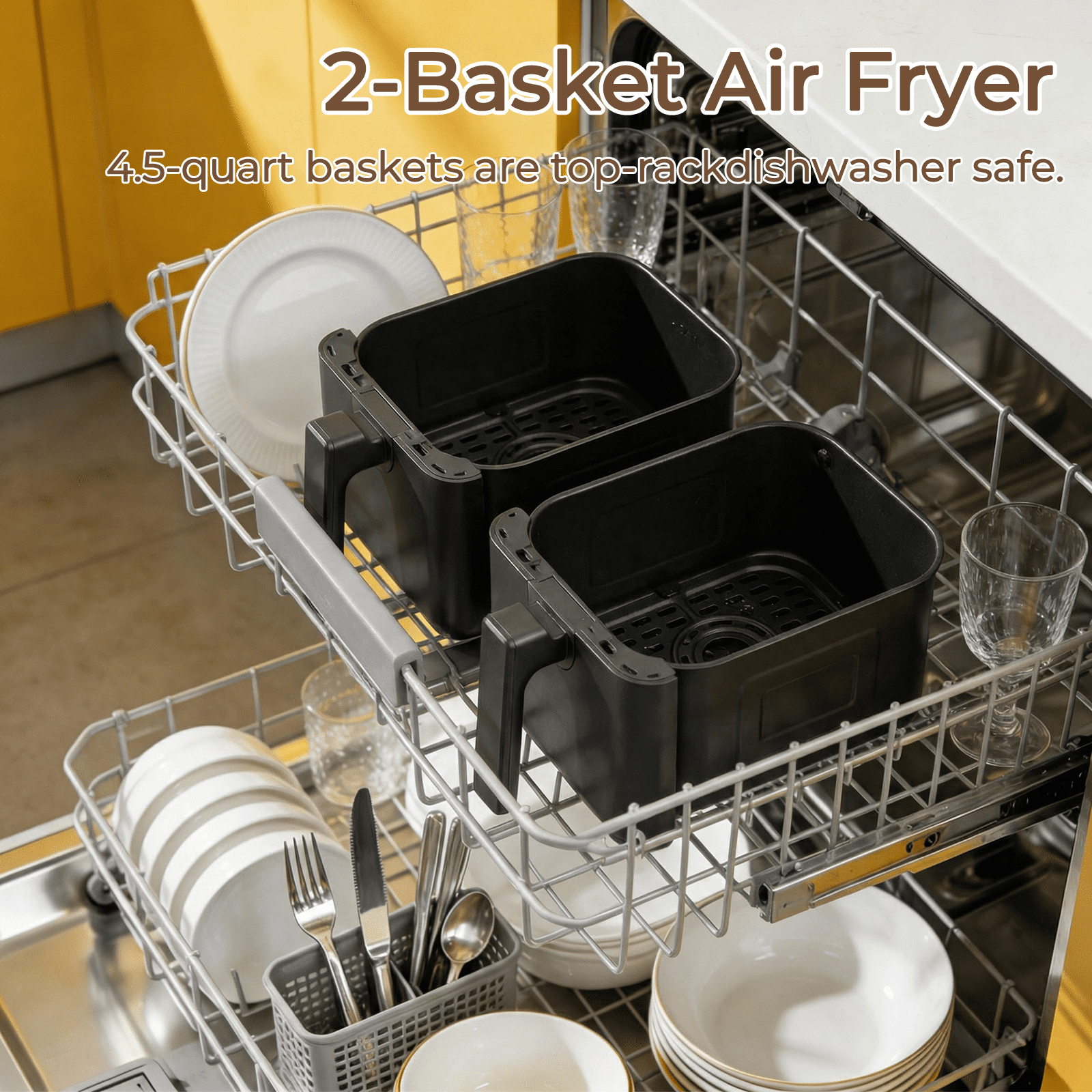 Dual Basket Air Fryer, XL Basket for 6 LB Whole Chicken, Double Stack Compact Design, 14-in-1 Functions with Reheat, Dehydrate, Black