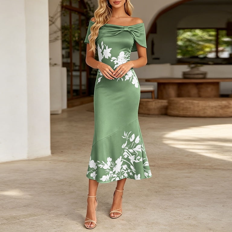 floral fishtail midi dress Unir Women’s Off The Shoulder Bow Detail Midi Dress, Floral Print Bodycon  Fishtail Dress, Chic Summer Casual Party Dress, 1 Piece, Sizes XS Through
