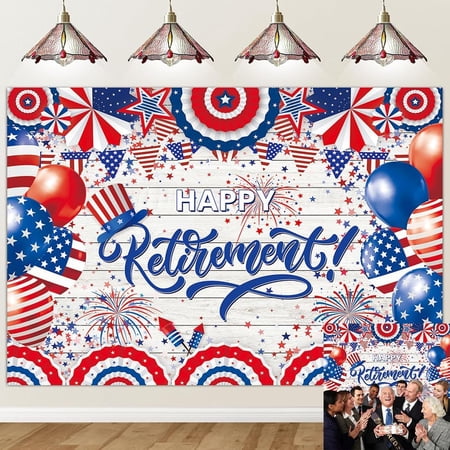 Independence Day Happy Retirement Backdrop Red White Blue Stars Stripe Flag 4th of July Veterans Memorial Day Background National Day Patriotic Party Decorations Banner Photo Booth Props