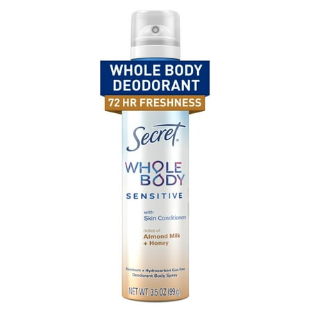 Secret Whole Body Deodorant Spray for Women, Almond Milk & Honey Scent, Aluminum Free Deodorant, 72 HR Odor Protection, 3.5oz