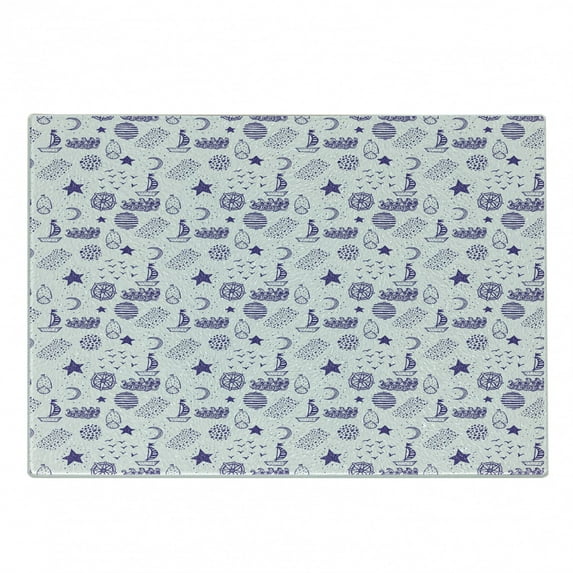 Nautical Cutting Board, Hand Drawn Boat Stars Flying Gulls Crescent Moon Shell Waves Girls Pattern, Decorative Tempered Glass Cutting and Serving Board, Small Size, Purple, by Ambesonne