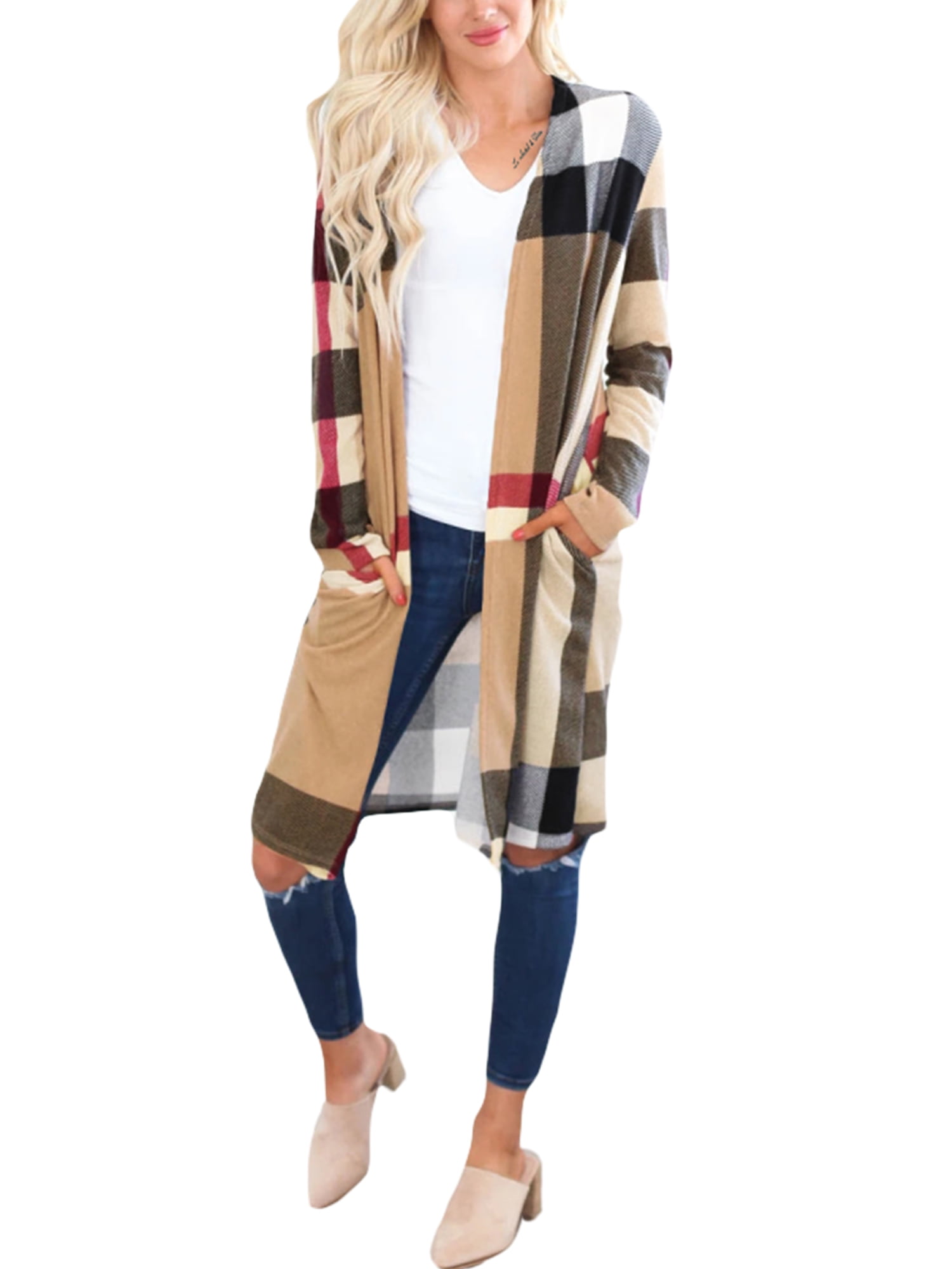 Womens Plaid Colorblock Open Front Long Sleeve Knit Sweater Open Front Cardigan Casual Loose Coat Outwear 