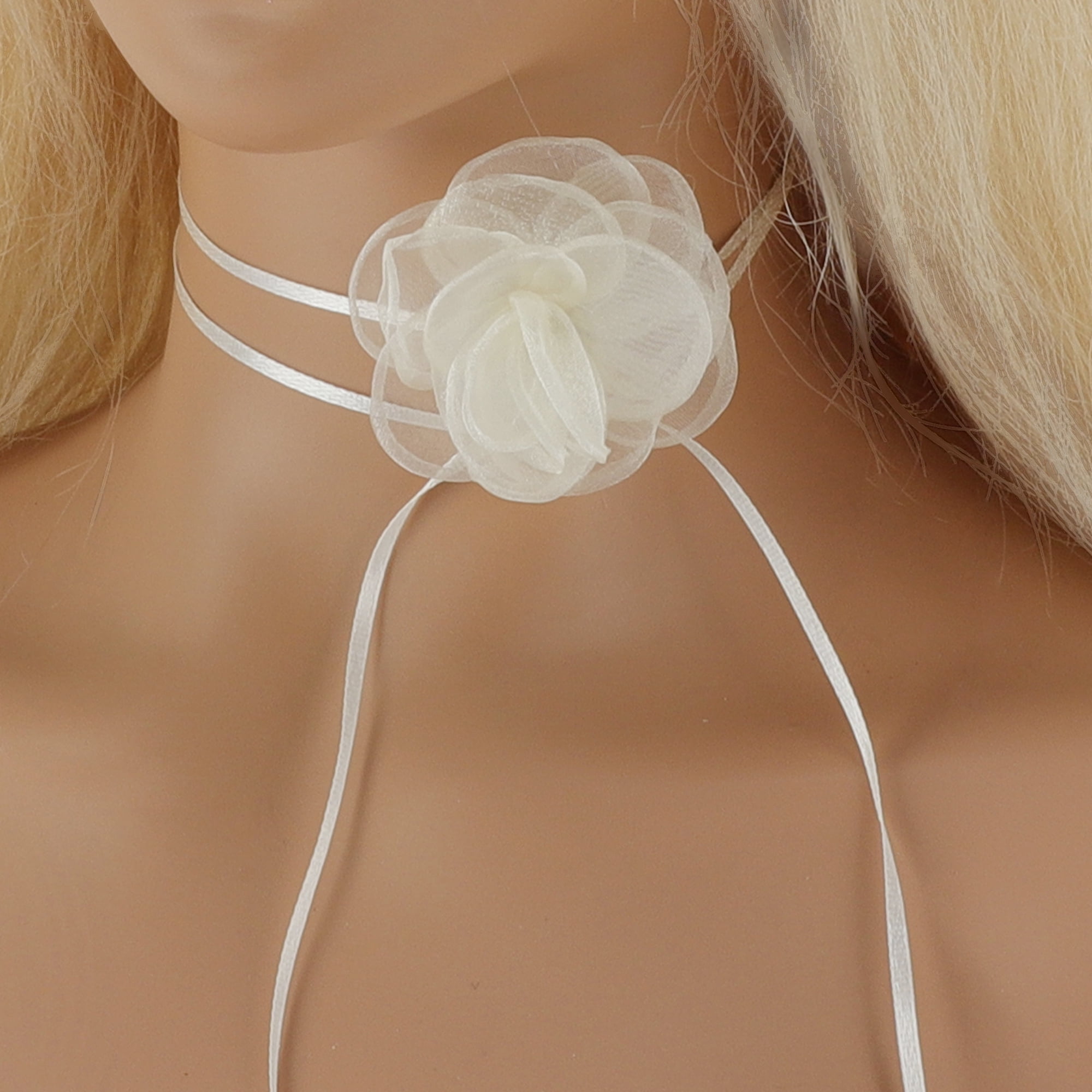 Unique Bargains Elegant Pearl Satin Rose Tie Choker Necklace 1 Pc Beige