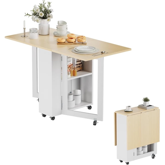 Kuublock Folding Dining Table with 2 Storage Racks, Space Saving Dining Table with 6 Wheels, Kitchen Table for Small Spaces