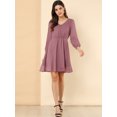thumbnail image 3 of Vestido De Gasa Fluido Sólido Con Cintura Elástica Con Cuello En V Y Manga 3/4 Para Mujer Rosa empolvado S, 3 of 6