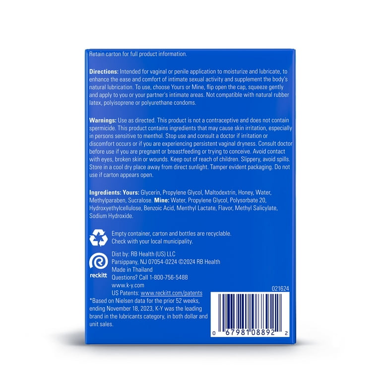 K-Y Yours + Mine Couples Personal Lubricant for Sexual Wellness, Water &  Glycerin Based, 2 x 1.5 fl oz