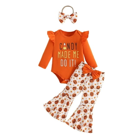 

Girls Long Sleeve Letter Romper Bodysuit Cartoon Pumpkin Prints Bell Bottoms Pants Outfits