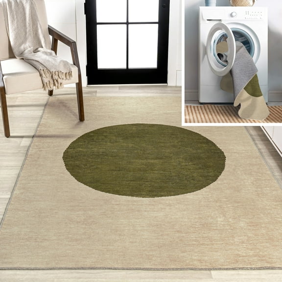 JONATHAN Y WASHABLE 3 x 5 Area Rug, Cirkel Minimalist Geometric Dot - Cream/Green, WSH113C-3