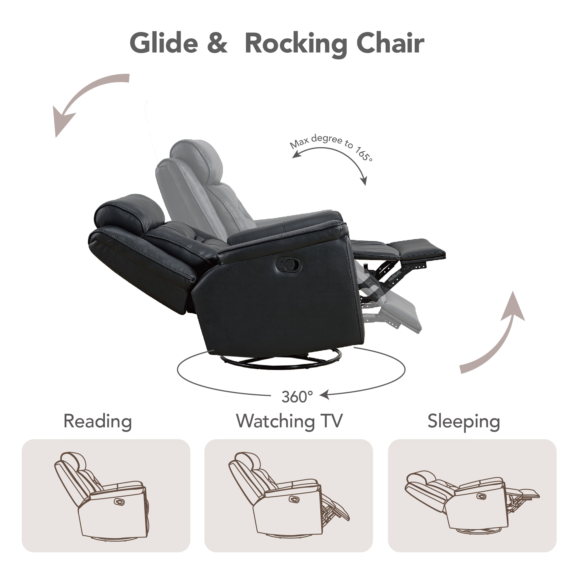 CHITA Recliner Chair for Adults Swivel Rocker Recliner for Living Room Faux Leather Home Theater Seating, Black