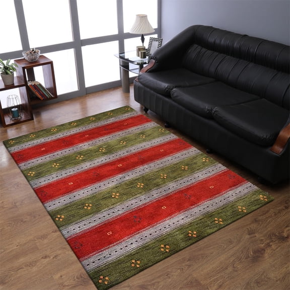 Rugsotic Carpets Hand Knotted Wool Area Rug 5'x8' Green Blue Contemporary Rectangle Indoor Rug for Living Room, Bedroom Antimicrobial L00212
