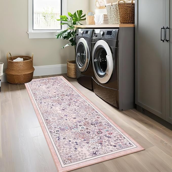 8'x 10' Runner Rug for Hallways Kitchen Non Slip Washable Rugs with Rubber Backing Soft Floral Carpet Runner for Hallways, Kitchen, Laundry, Bedroom, Bathroom-Light Pink