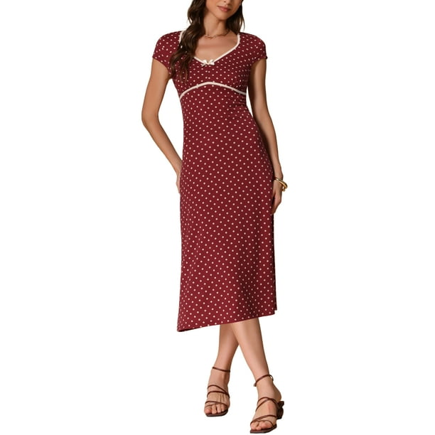 INSPIRE CHIC Vestido Midi Clásico de Verano con Manga Corta Casual de Lunares en Rojo Vino