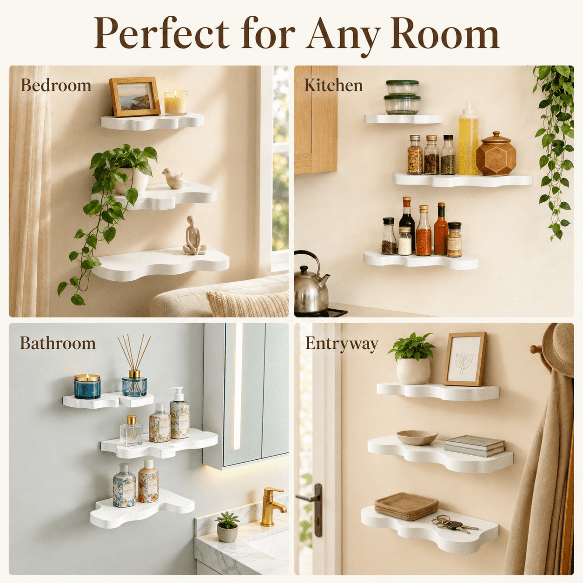 MEHOOM Set of 3 Live Edge Solid Wooden Floating Shelves, Rustic Farmhouse Vintage Wall Shelf Display Decor for Living Room, Bathroom, Bedroom, White