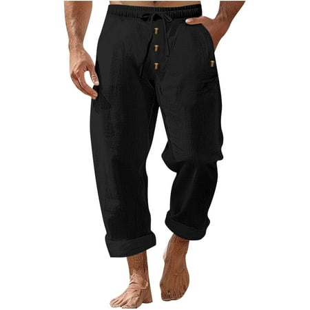 CHEEREAM Mens Linen Cropped Pants Yoga Beach Loose Fit Casual Summer Elastic Waist Drawstring Baggy Trousers with Pockets Black S