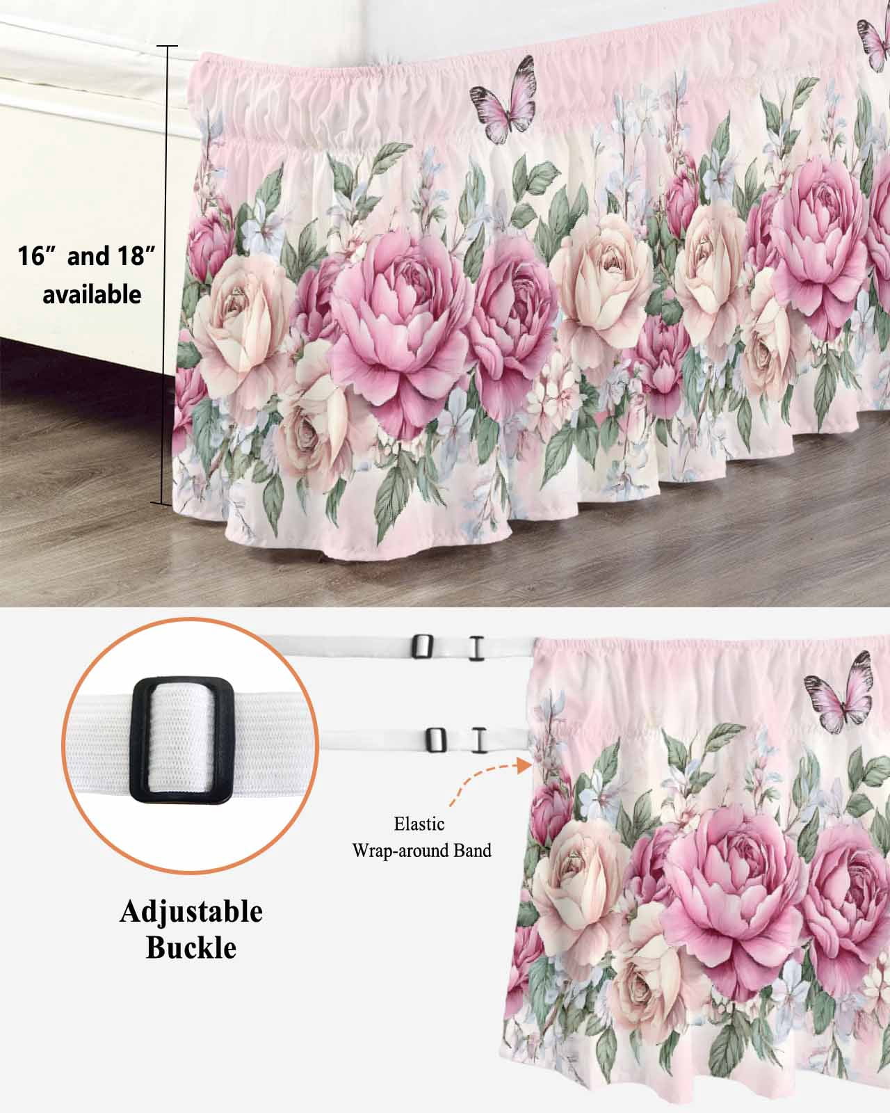 Watercolor Pink Floral Wrap Around Bed Skirts for Queen Bed 18" Drop,Bed Skirt with Adjustable Elastic Belt Dust Ruffle Bed Valance for Bedroom Hotel Spring Romantic Roses Butterfly Bed Frame Cover