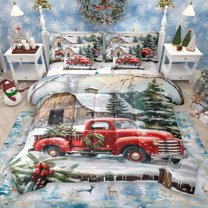 Manfei Happy New Year 7-Piece Bedding Comforter Set for Teens, Winter Christmas Plant King Bedding Sets, Rustic Lodge Cabin Reversible Bed Sheets, Luxury Bedroom Decor
