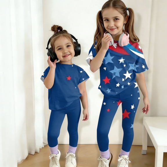 CCRFTGI 4th of july Outfits for Child Girls Size 10-12 Patriotic 2 Piece Outfits American Flag Stars Short Sleeve T-Shirts and Elastic Waist Pants Freedom Sets for Girls Navy 2-3 Years