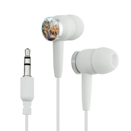 Dinosaur Jurassic Selfie T-Rex Triceratops Brontosaurus Pterodactyl Parasaurolophus Novelty In-Ear Earbud Headphones - White