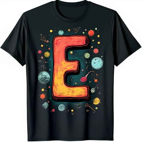 Whimsical 'E' Graphic Black T-Shirt Vibrant Cartoon Design with Planets & Stars