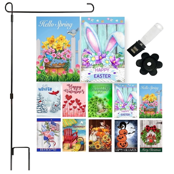 Country Charm Garden Flags (Set of 10)  12"W x 18"L Double Sided Flags for Outdoors with Black Garden Holder 34"L x 17"W