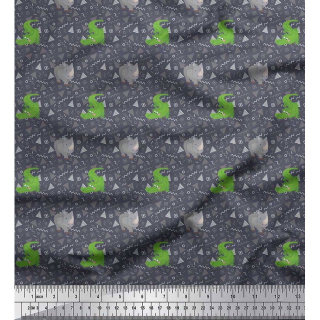 Soimoi Rayon Fabric Geometric Shapes,Crocodile & Rhinoceros Kids Print Fabric by Yard 56 Inch Wide