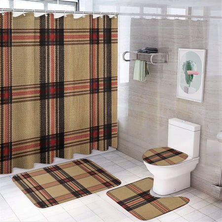 Moonstone Plaid 4 Piece Bathroom Rug Set with Shower Curtain Shower Curtain And Rugs Shower Curtain Set Buffalo Plaid Decoration Waterproof Personality Pattern Bath Curtain for Bathtub Decor