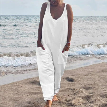 

Dasayo White Athletic Jumpsuits for Women Jumpsuits for Women Summer Sleeveless Pocket Solid Color Bundle Feet Pants Fashion Romper Pants