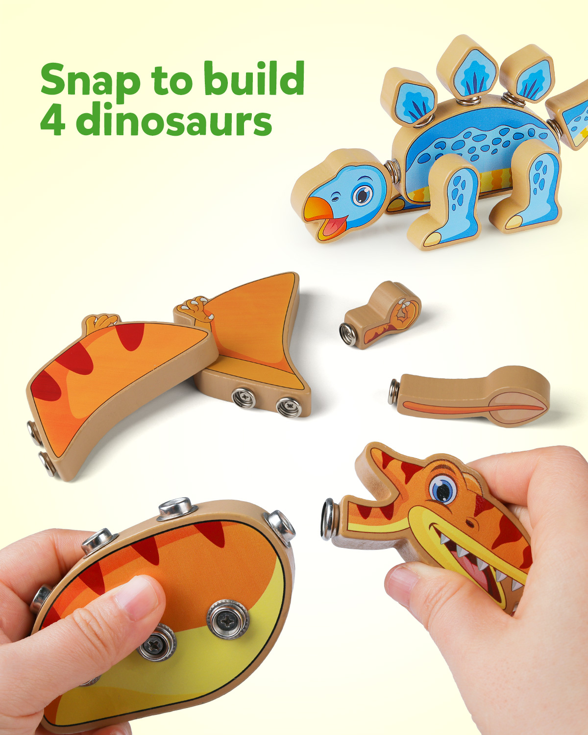 Coogam Dinosaur Building Block Set, Wooden Snap-Connection Dinosaur Builders, STEM Take Apart Dino Playset, Fine Motor Skill Educational Learning Toy for 3 4 5 Years Old